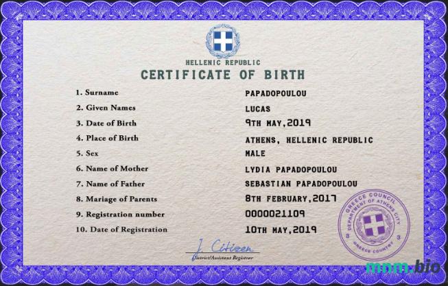 Greece narodziny certyfikat PSD szablon
